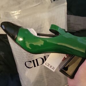 Green & Black Faux Patent Leather Heels